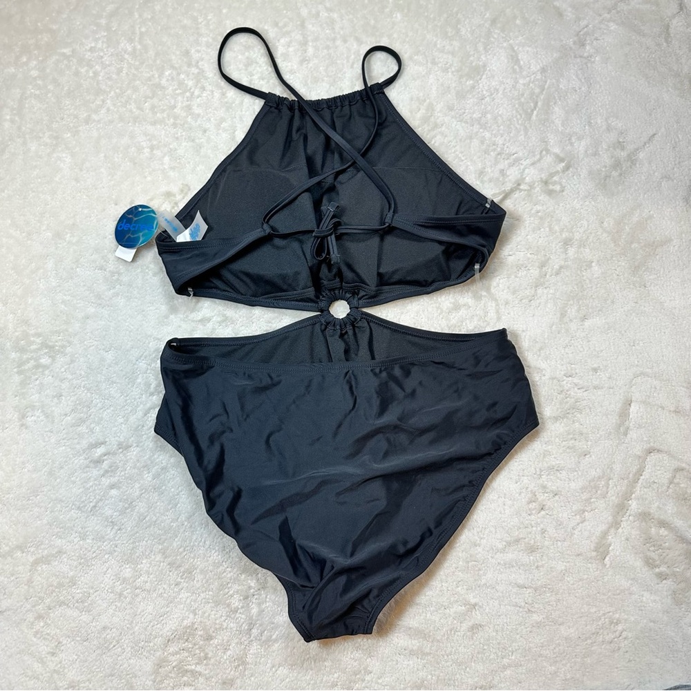 Decree Black Cutout Textured Ribbed One Piece Swimsuit Halter Neck Tie Open Back - Picture 3 of 8